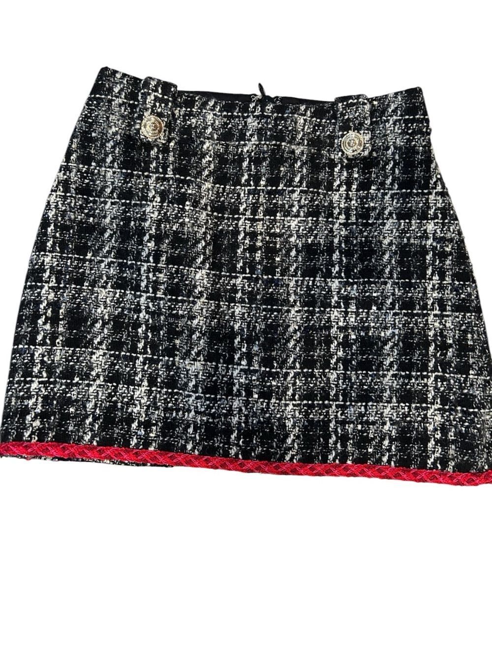 Lovers + Friends Black & White Tweed Mini Skirt with Red Trim size small